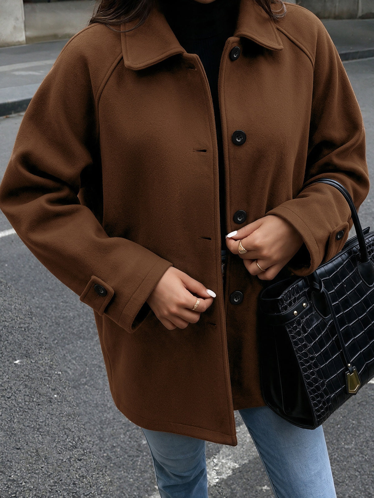 Collared Single Breasted Raglan Sleeve Car Coat