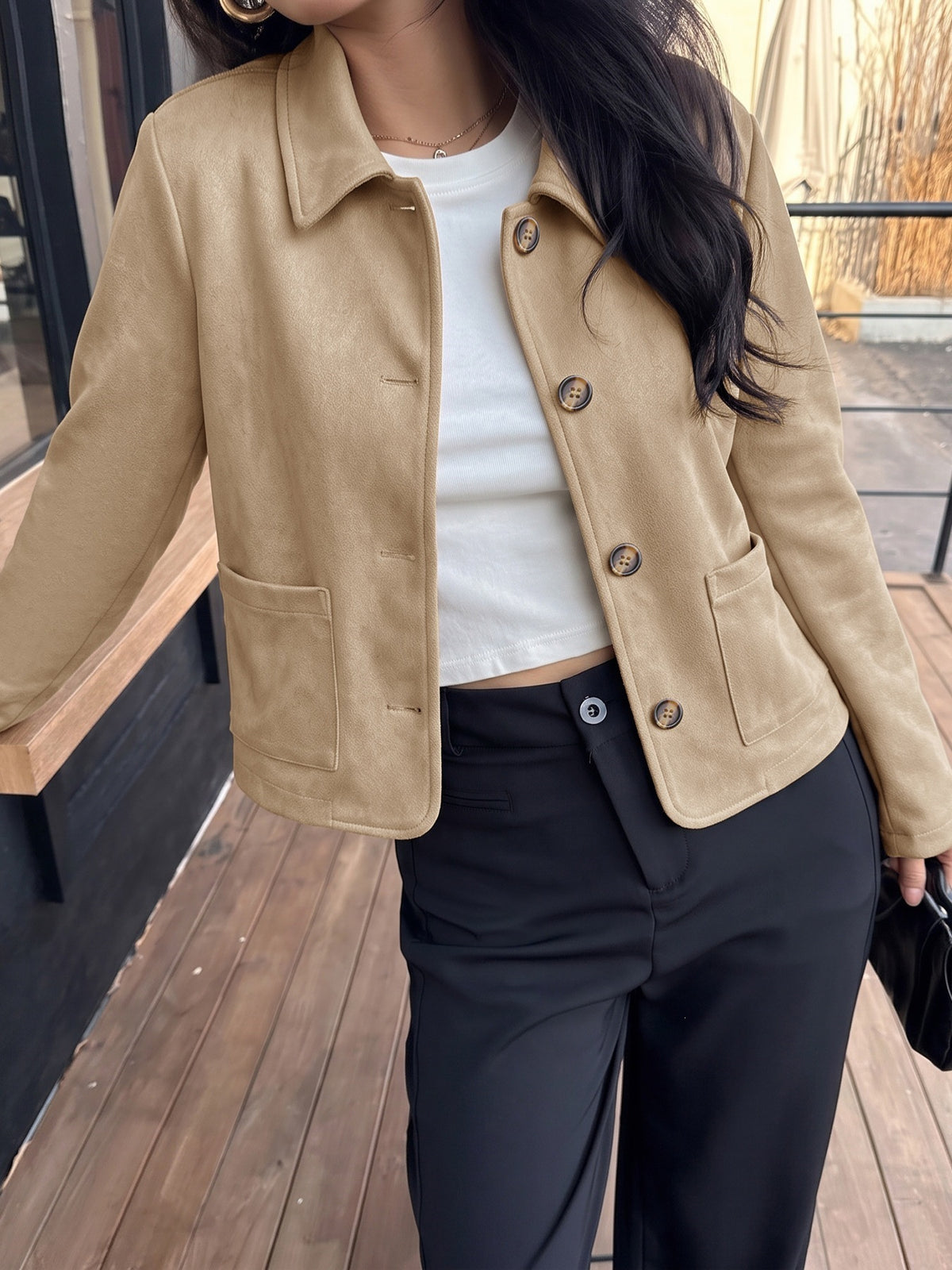 Collared Patch Pocket Button Suedette Jacket