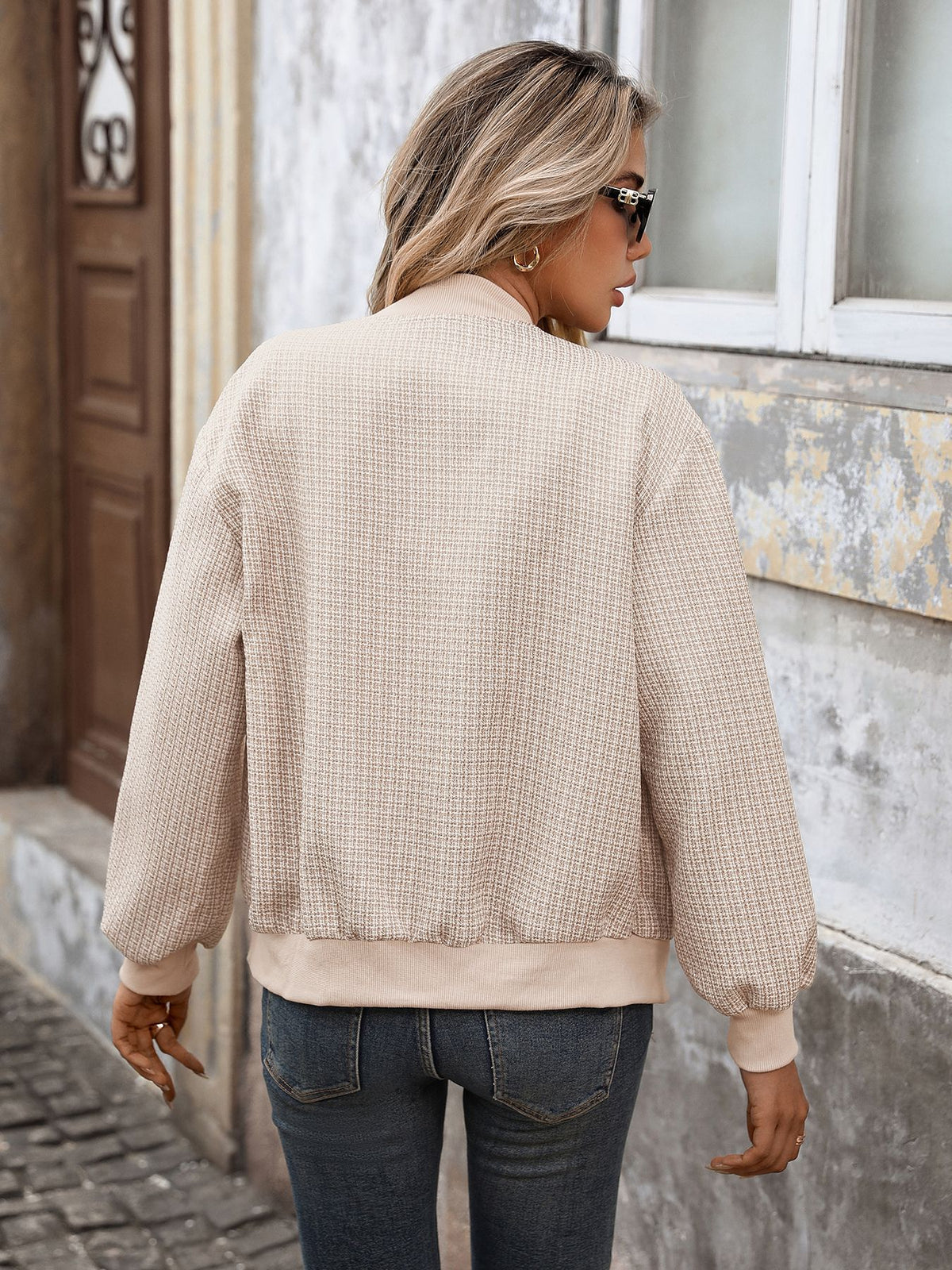 Gold Button Ribbed Trim Pocket Tweed Bomber Jacket