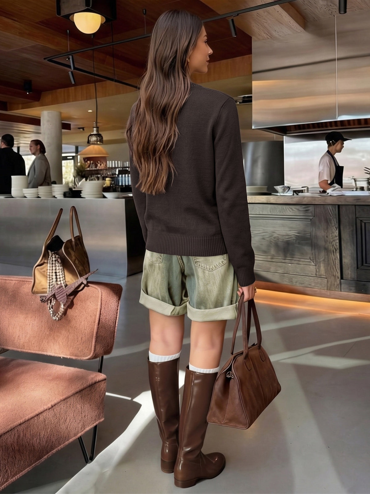 A woman stands in a modern kitchen or cafe interior wearing a dark brown long-sleeve knit sweater, light olive green rolled shorts, brown knee-high boots, and carrying a brown leather tote bag.
