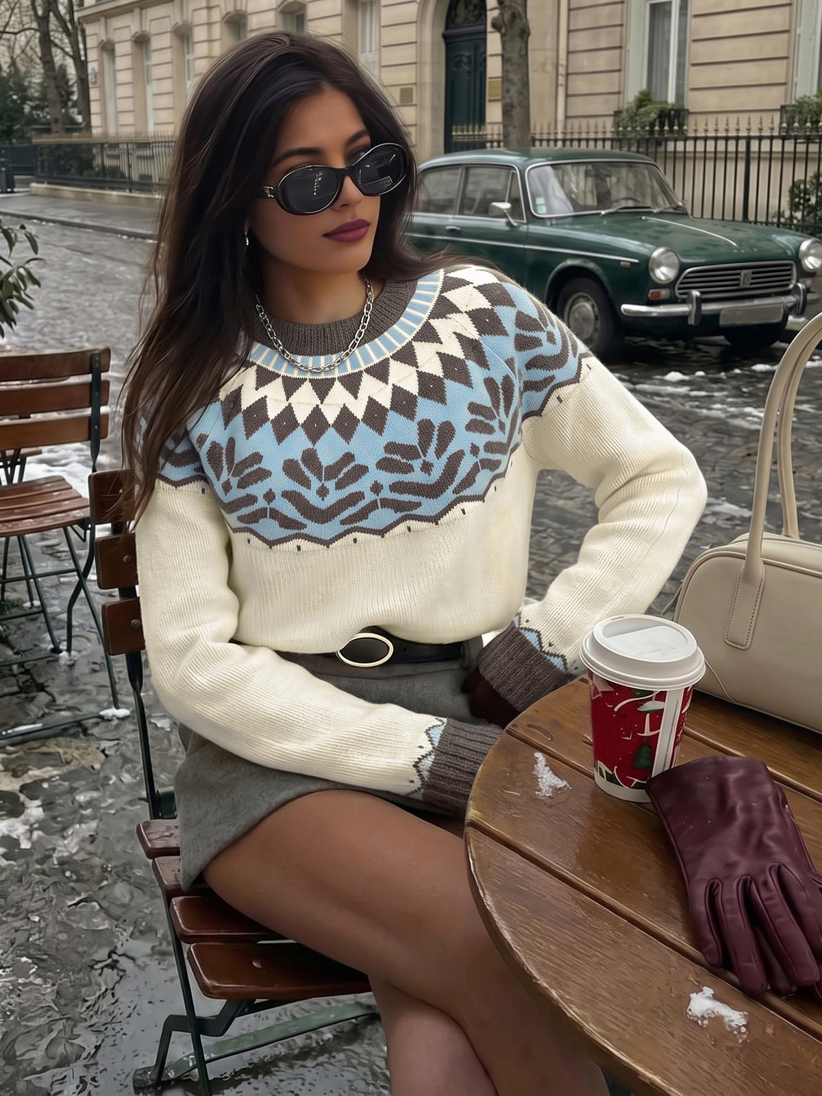 A woman sits at an outdoor cafe table wearing a cream knit sweater with a brown and light blue geometric pattern across the chest, paired with a gray mini skirt and dark sunglasses. A coffee cup, gloves, and a handbag are on the wooden table in front of her, with a street scene and a vintage green car in the background.