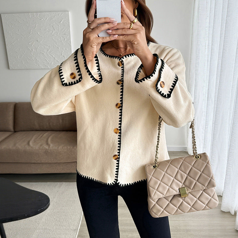 Women's Contrast Trim Cardigan - front view with a bag