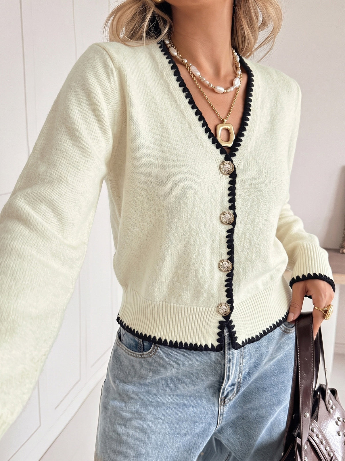 Gold Button Blanket Stitch V Neck Cropped Cardigan