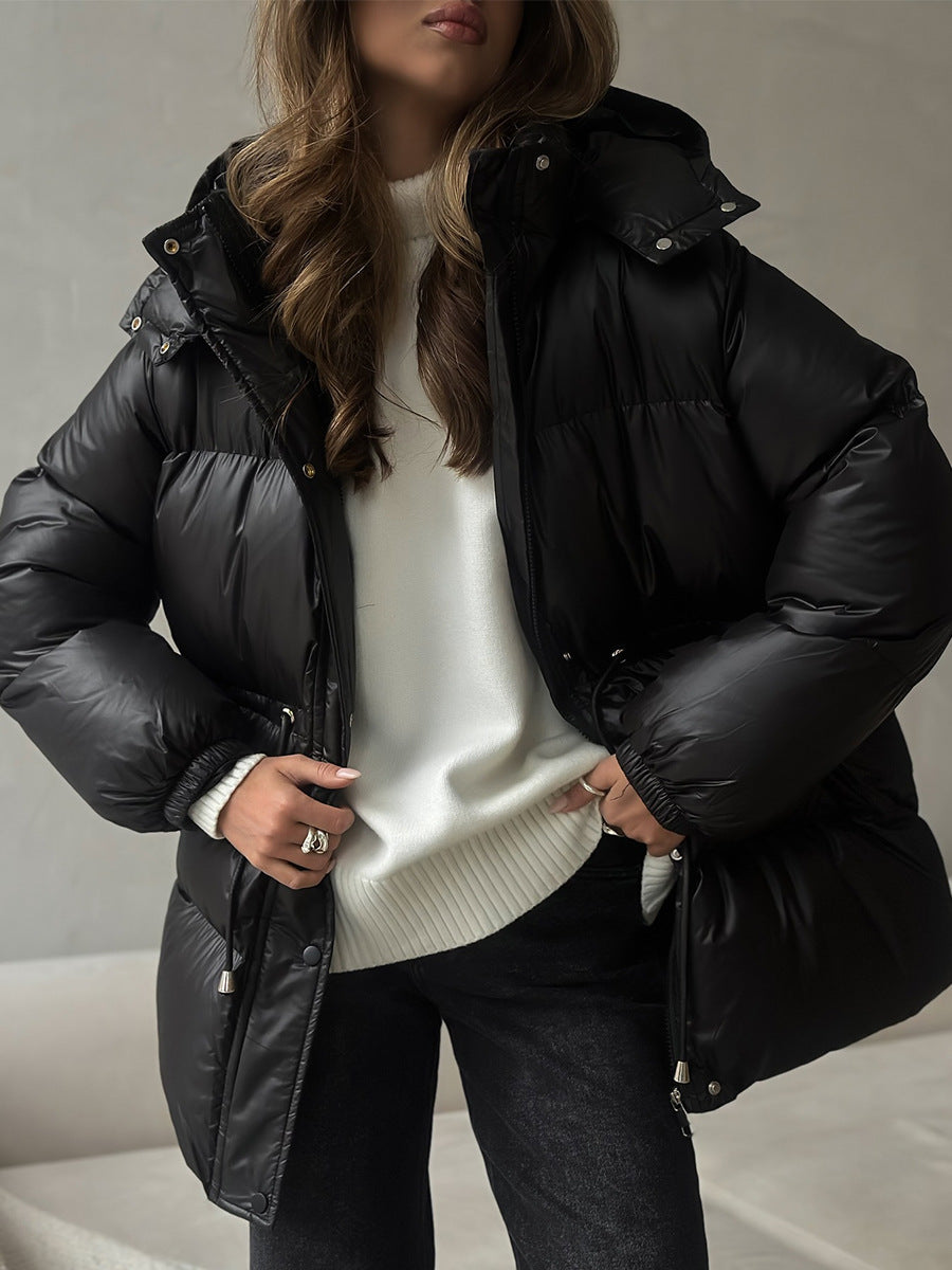 Drawstring Waist Hooded Zip Front Puffer Jacket