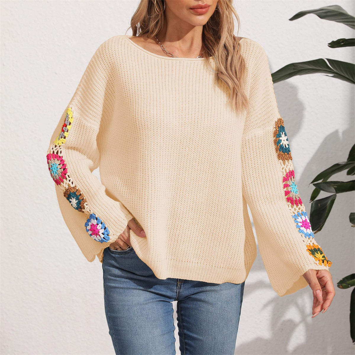 Women's Crochet Sleeve Jumper - beige, front view