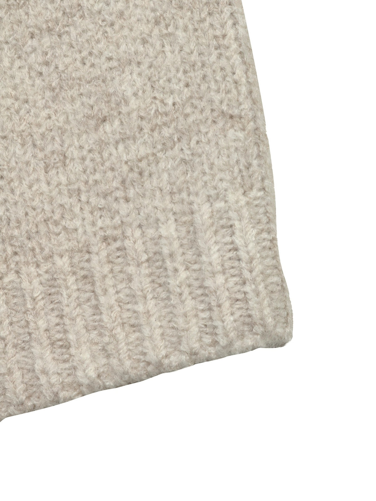 Close-up of a chunky knit fabric in a heathered light beige or oatmeal color, showing the ribbed texture and folded corner against a plain white background.