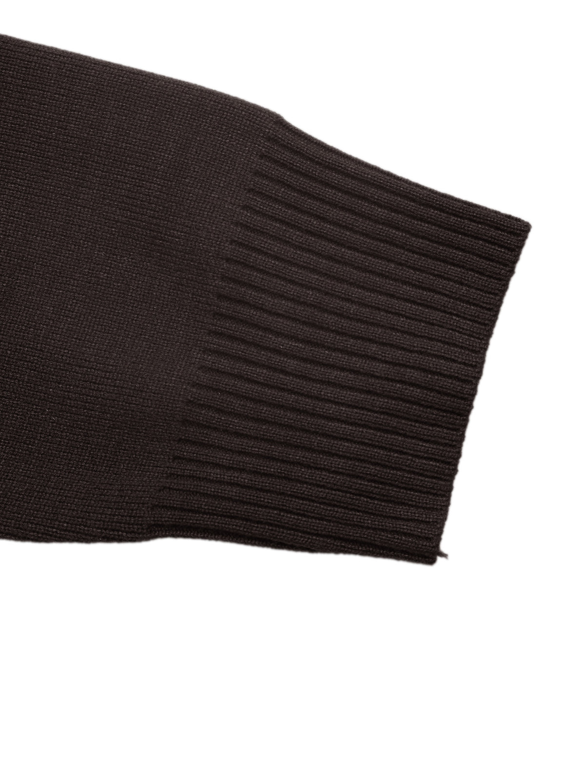 Close-up of a dark brown ribbed knit sleeve cuff on a plain white background.
