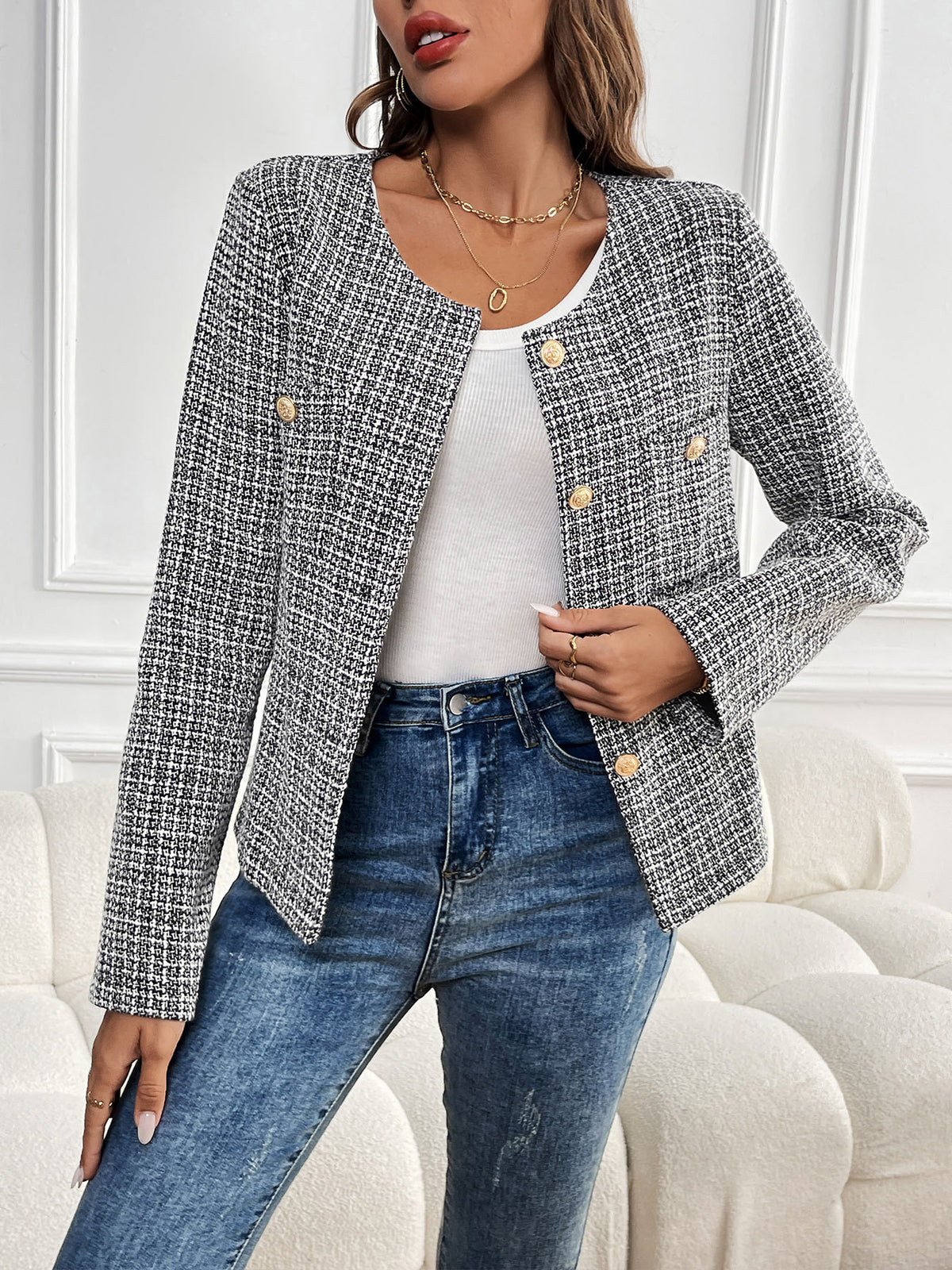 Gold Button Collarless Tweed Effect Cropped Jacket