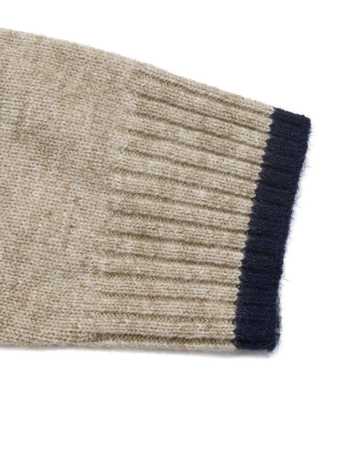 Close-up of a ribbed knit sweater cuff in a heathered oatmeal beige color with a contrasting dark navy blue ribbed trim, shown on a plain white background.