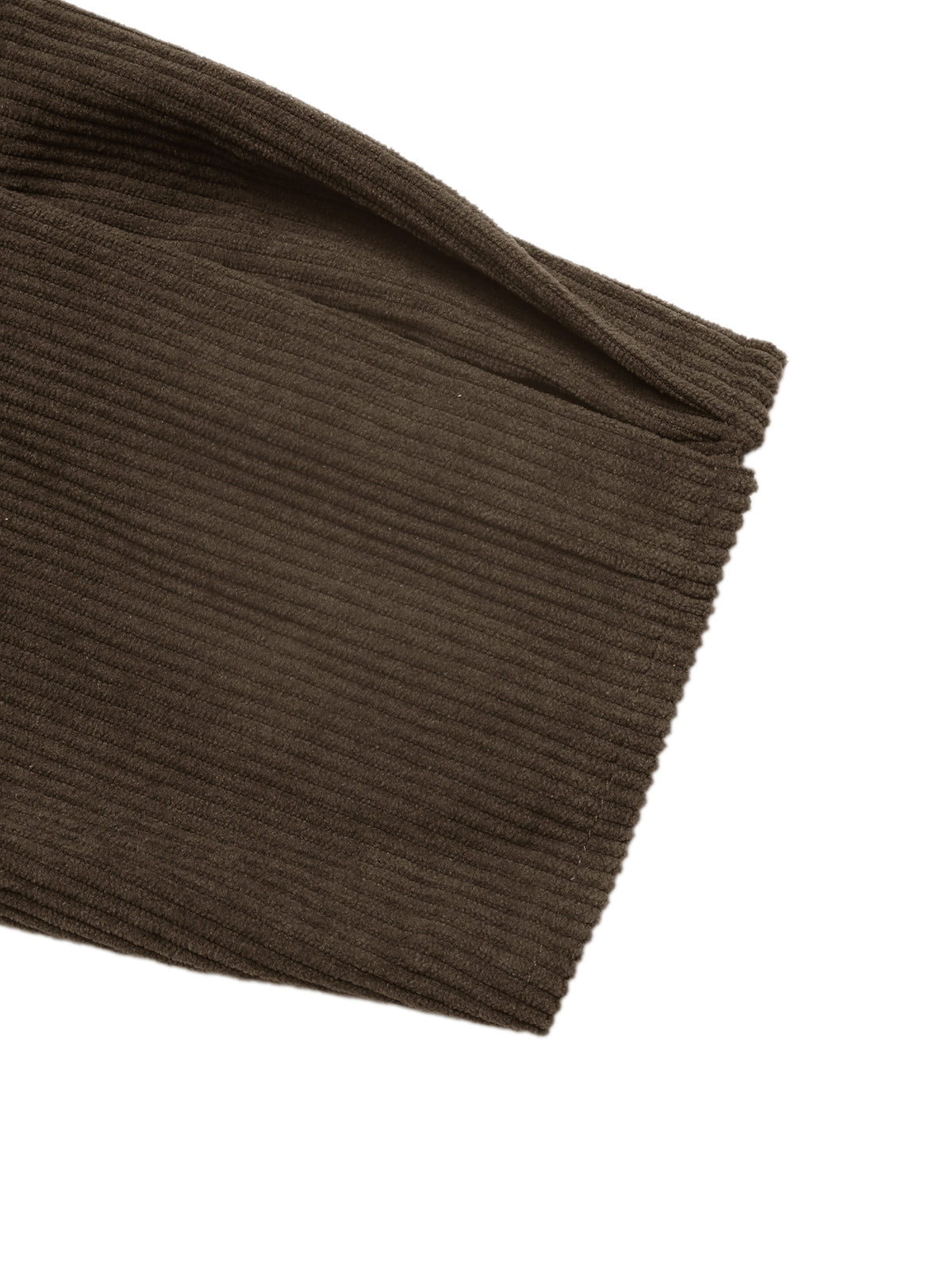 A close-up of a dark brown ribbed knit fabric, showing the texture and folded edge, set against a plain white background.