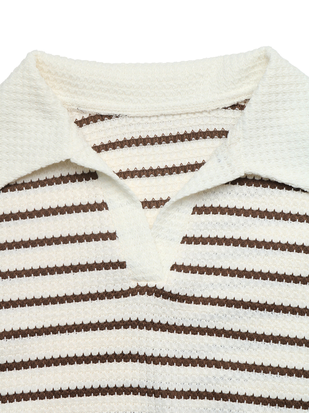 Close-up of a knit polo shirt with horizontal brown and off-white stripes, featuring a textured knit collar and button placket.
