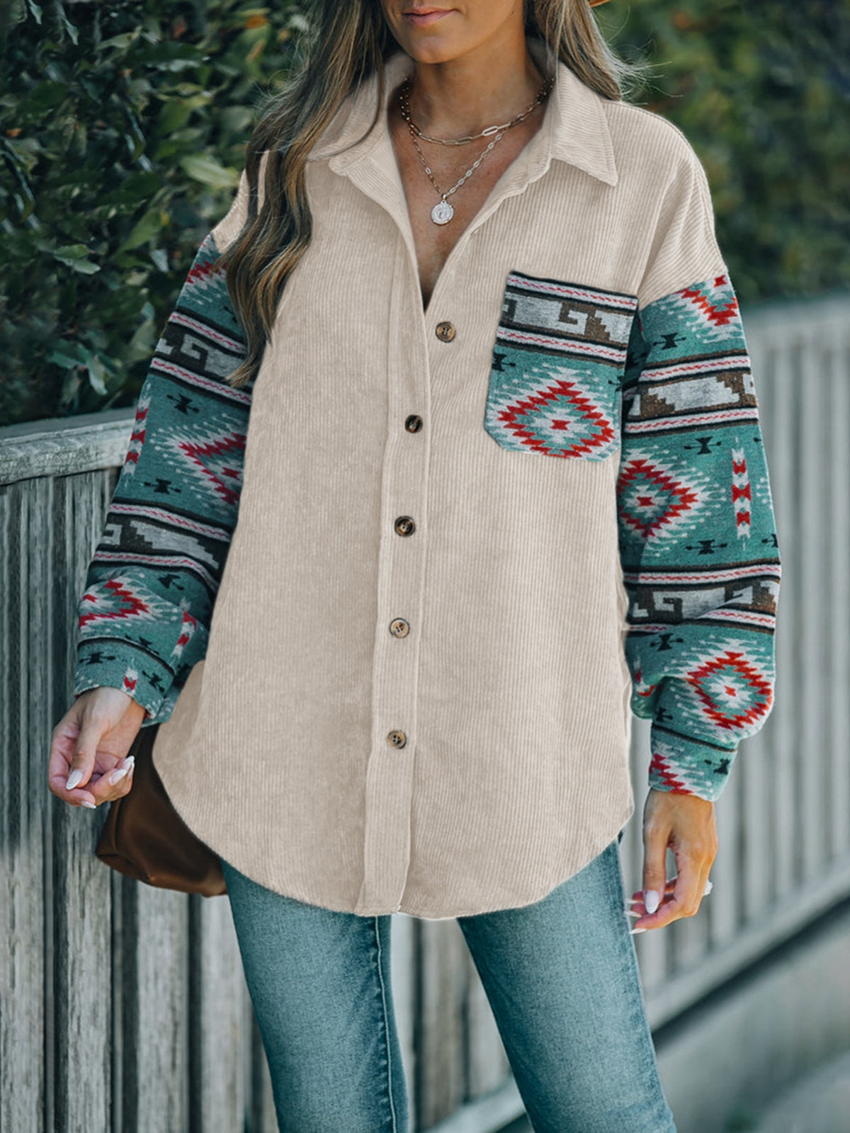 Aztec Print Sleeve Oversized Corduroy Shacket