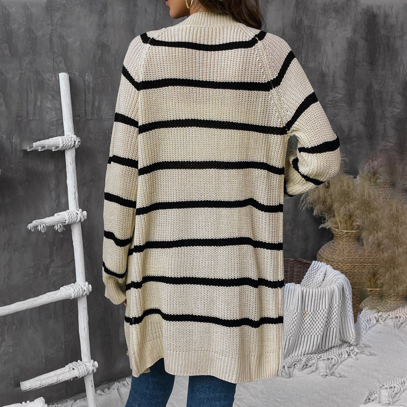 Button Front Stripe Longline Knit Cardigan
