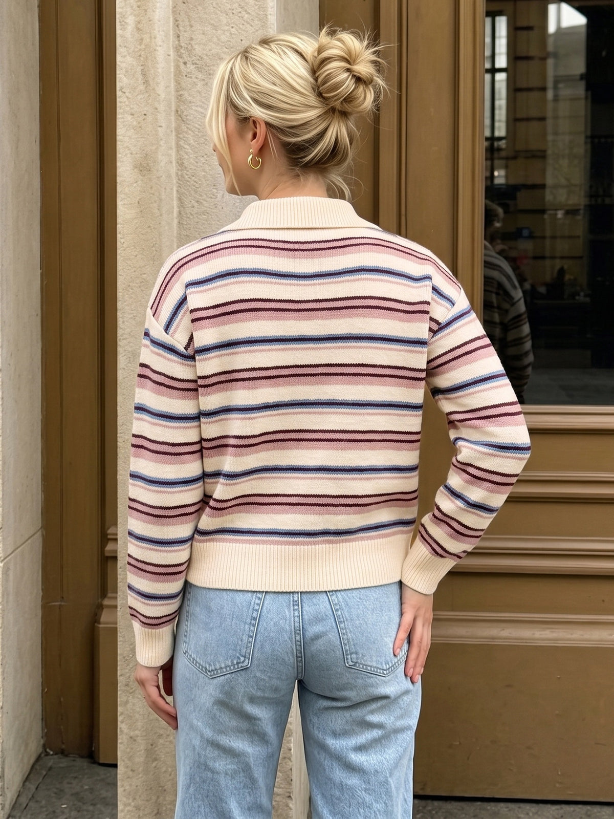 Button Polo Collar Striped Knit Jumper