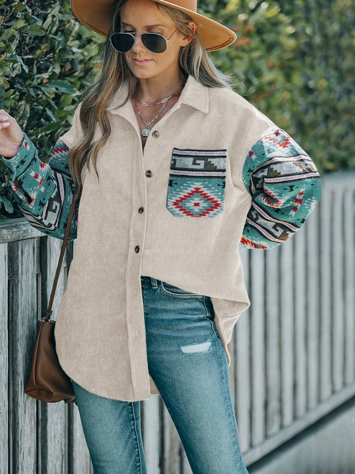 Aztec Print Sleeve Oversized Corduroy Shacket