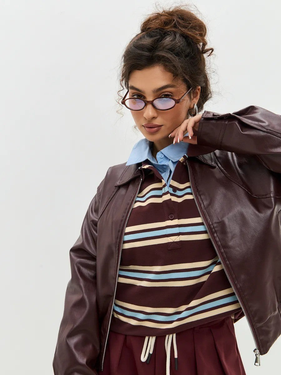 Button Placket Oversized Striped Rugby Top