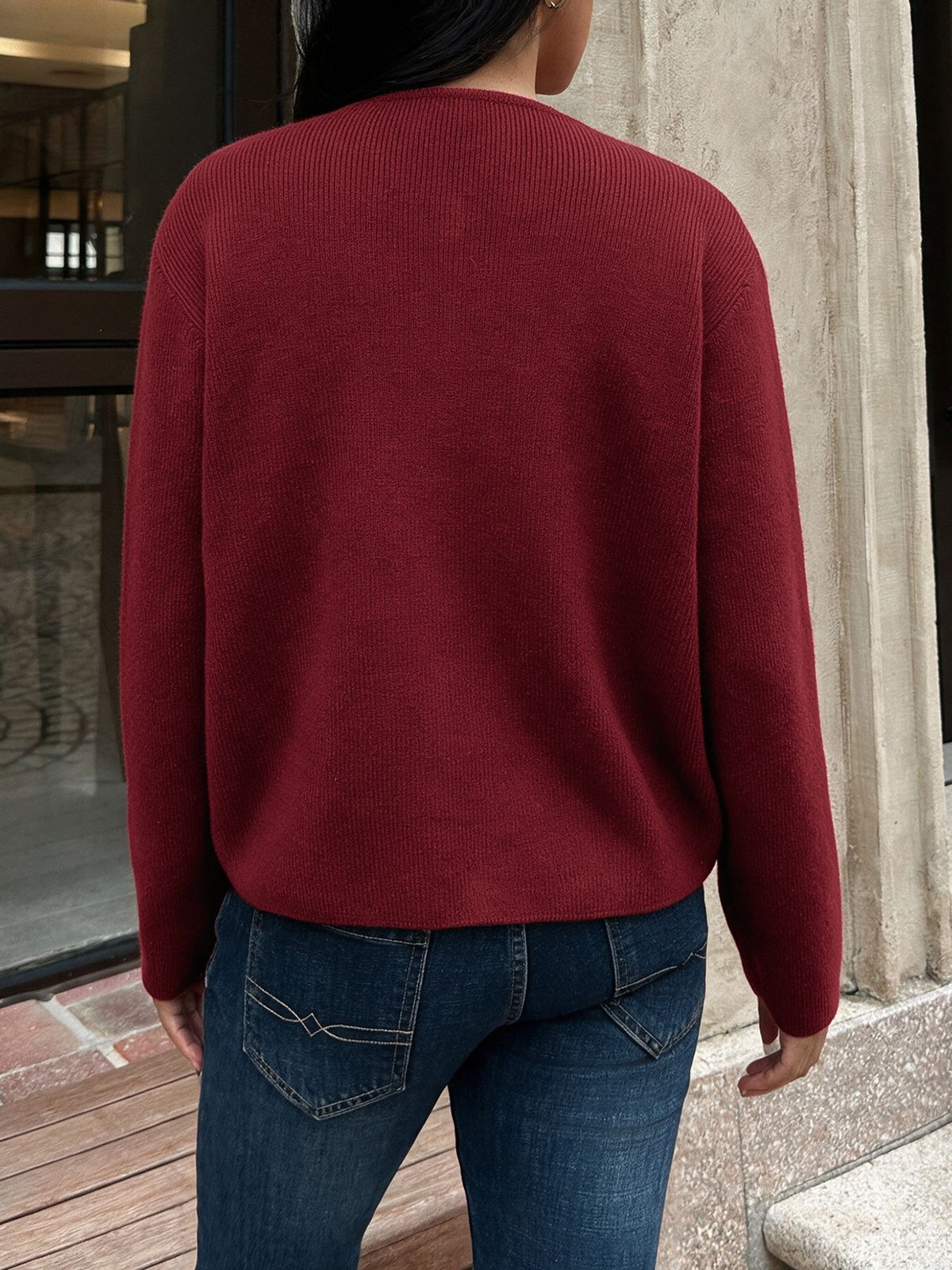 Gold Bow Button Crew Neck Soft Knit Cardigan