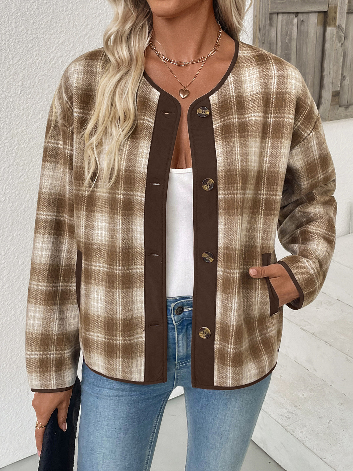 Camel Brushed Check Collarless Jacket with Brown Trim