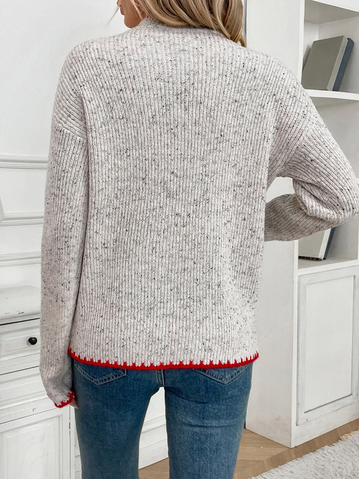 Contrast Stitch Mock Neck Heart Knit Jumper