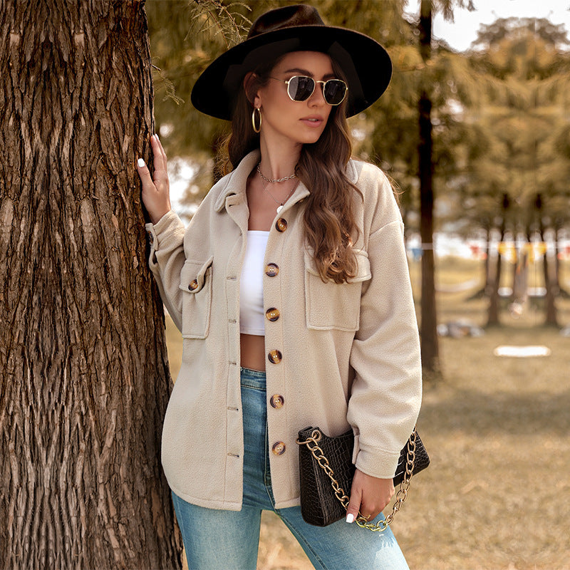 Women's Fleece Shirt Jacket in Beige