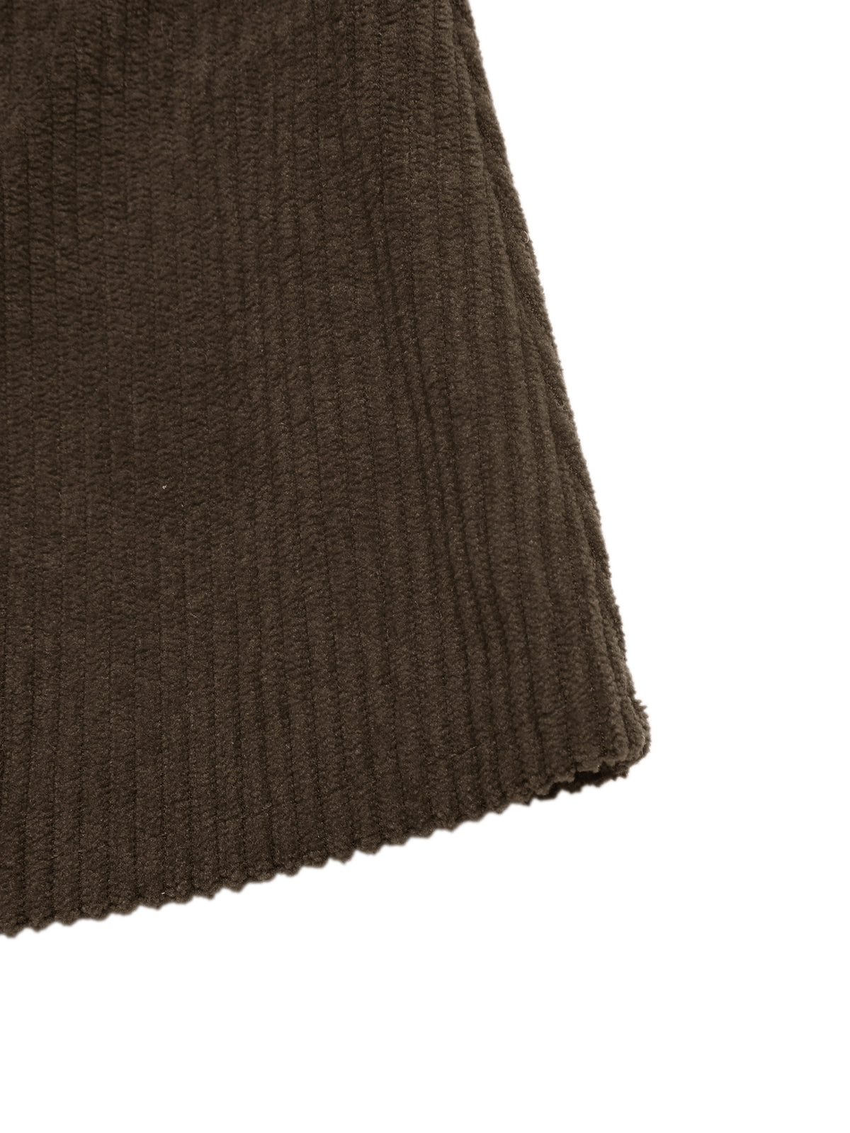 Close-up of a dark brown ribbed knit fabric, showing the texture and hem detail against a plain white background.