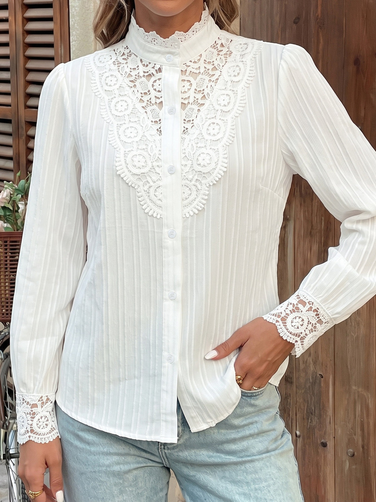 Guipure Lace Yoke High Neck Button Through Blouse
