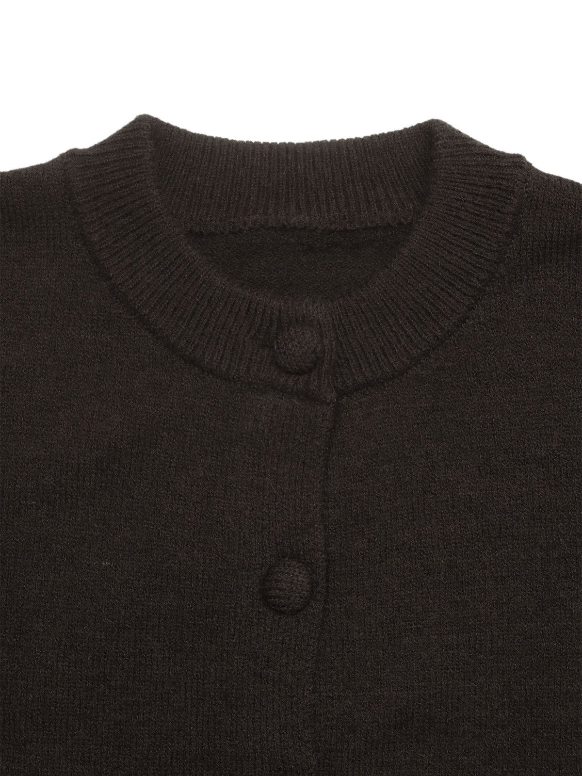 Close-up of a dark brown ribbed knit cardigan sweater with a single button closure, shown against a plain white background.