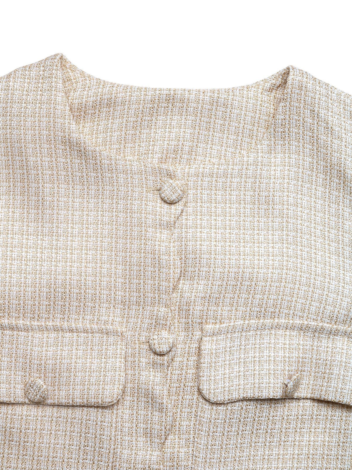 Covered Button Puff Sleeve Cropped Tweed Effect Jacket