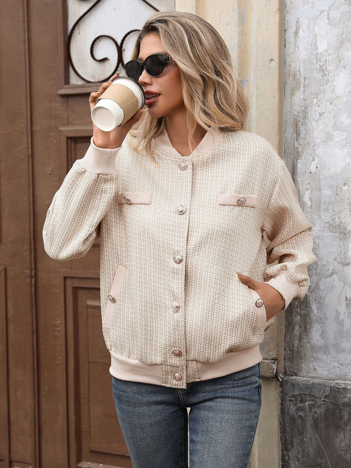 Gold Button Ribbed Trim Pocket Tweed Bomber Jacket