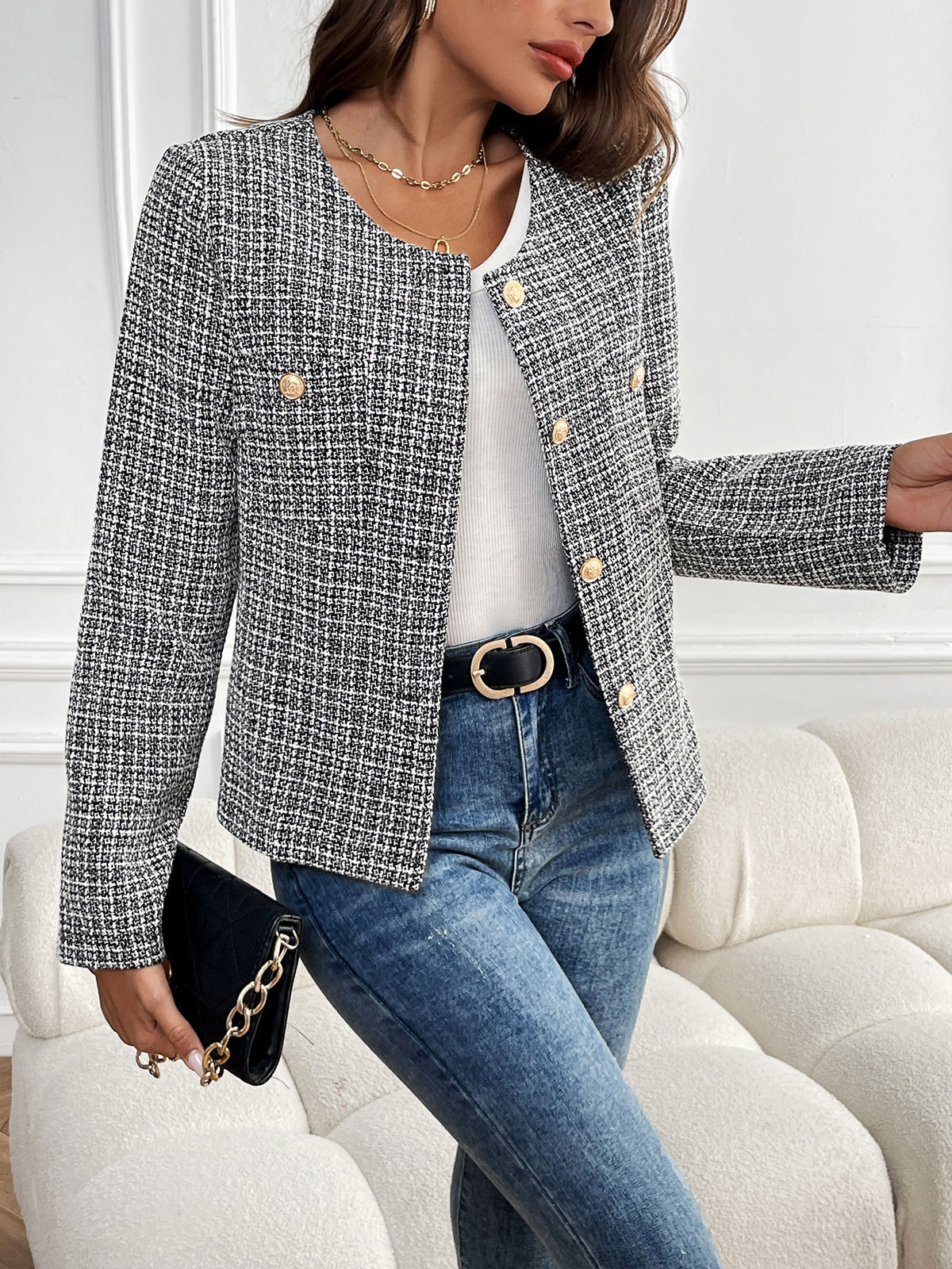 Gold Button Collarless Tweed Effect Cropped Jacket
