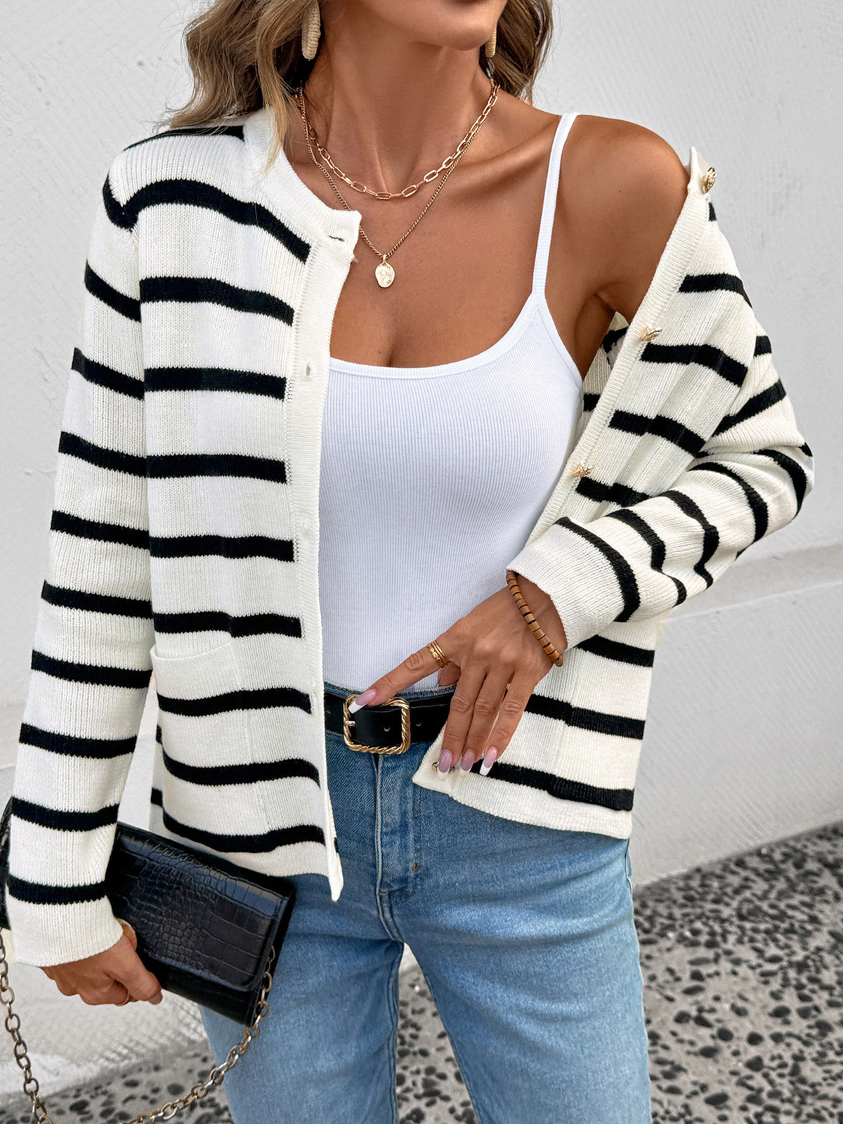Black and White Striped Cardigan with Gold Button Front