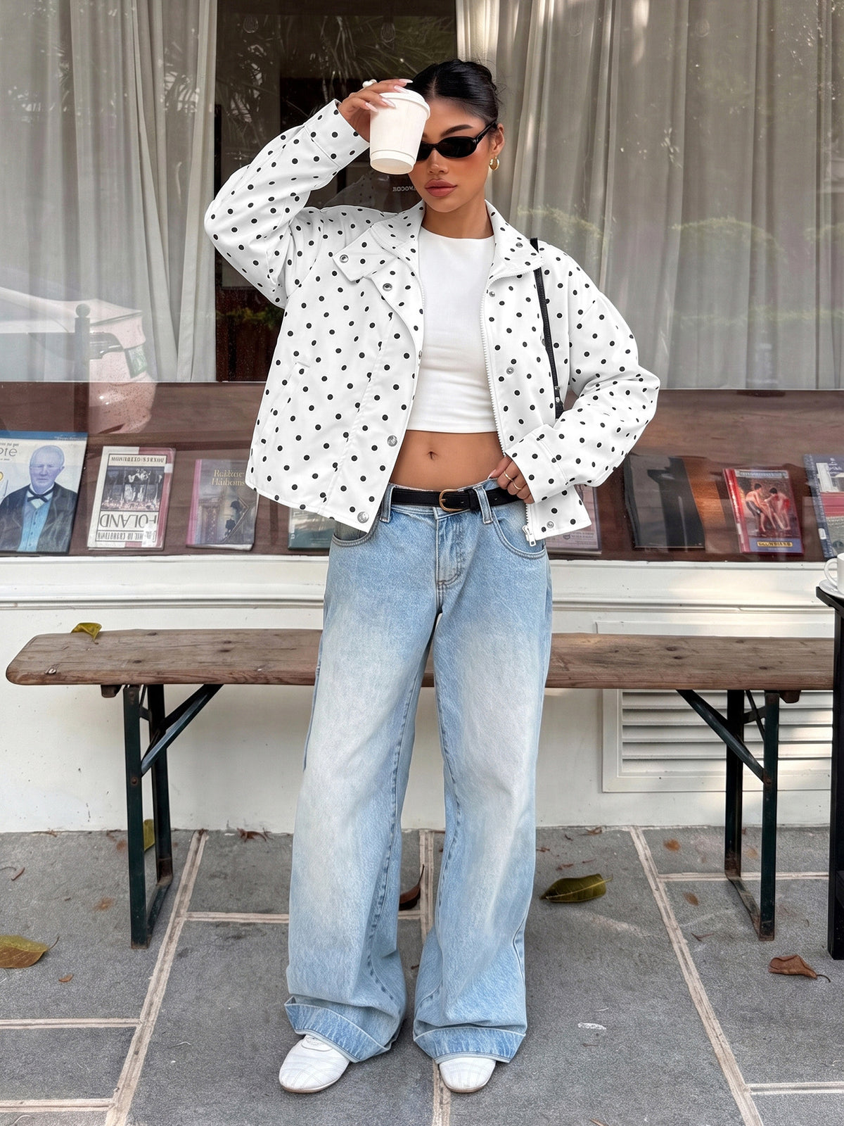 Funnel Neck Zip Front Cropped Polka Dot Jacket