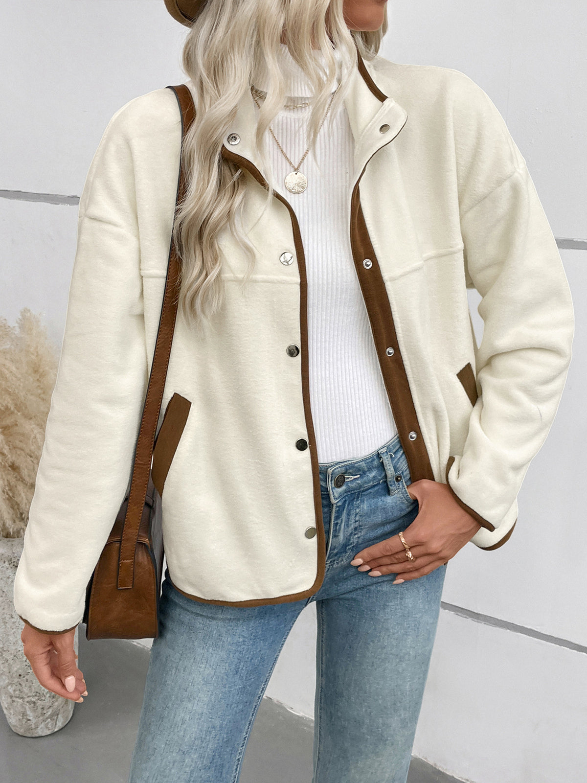 Contrast Trim Popper Funnel Neck Fleece Jacket