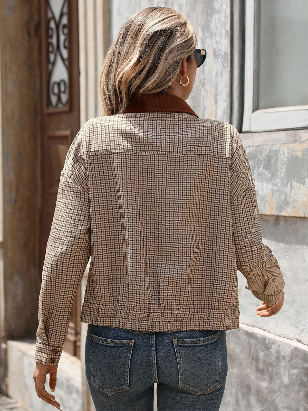 Corduroy Collar Zip Front Dogtooth Jacket