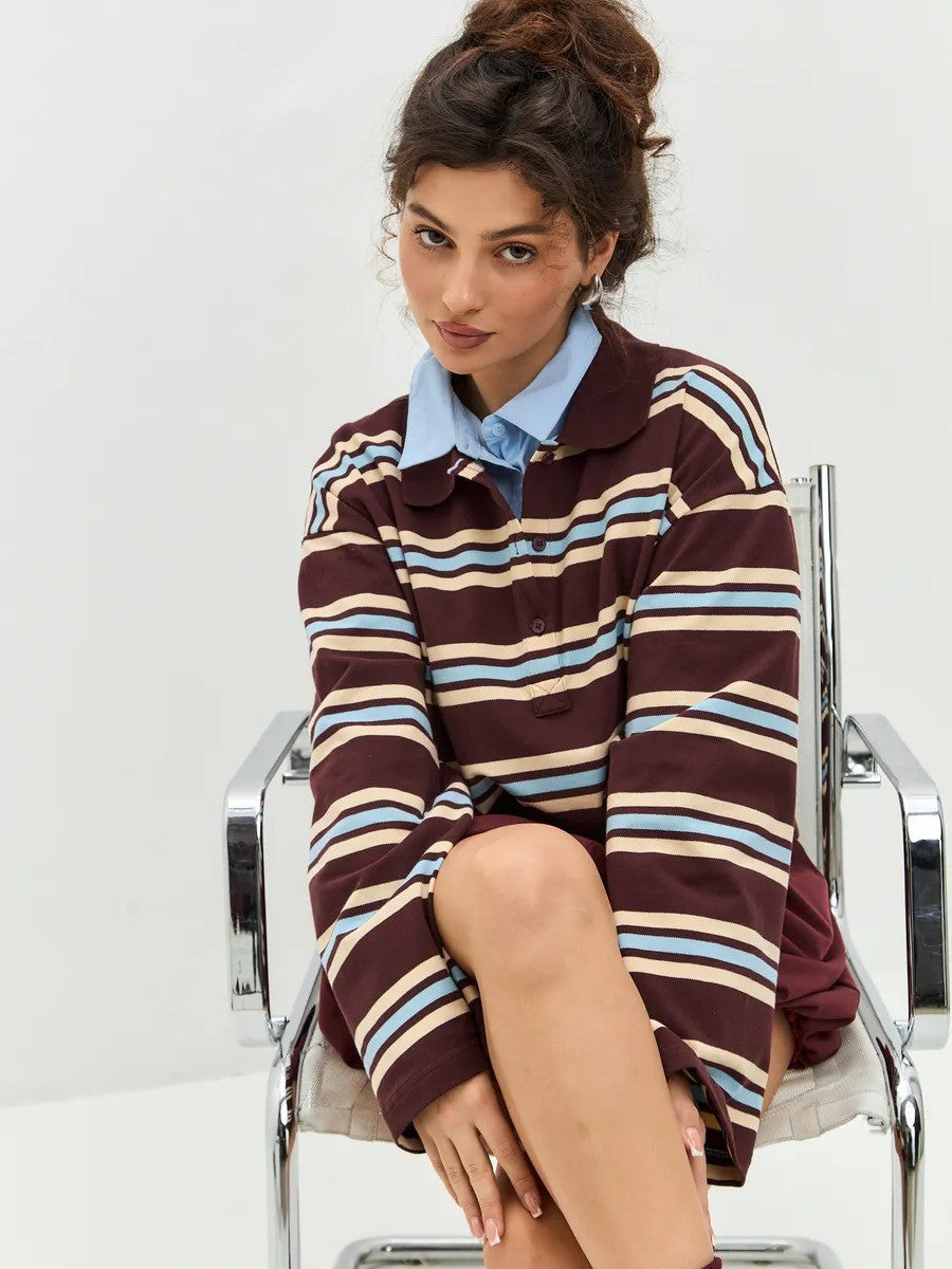 Button Placket Oversized Striped Rugby Top