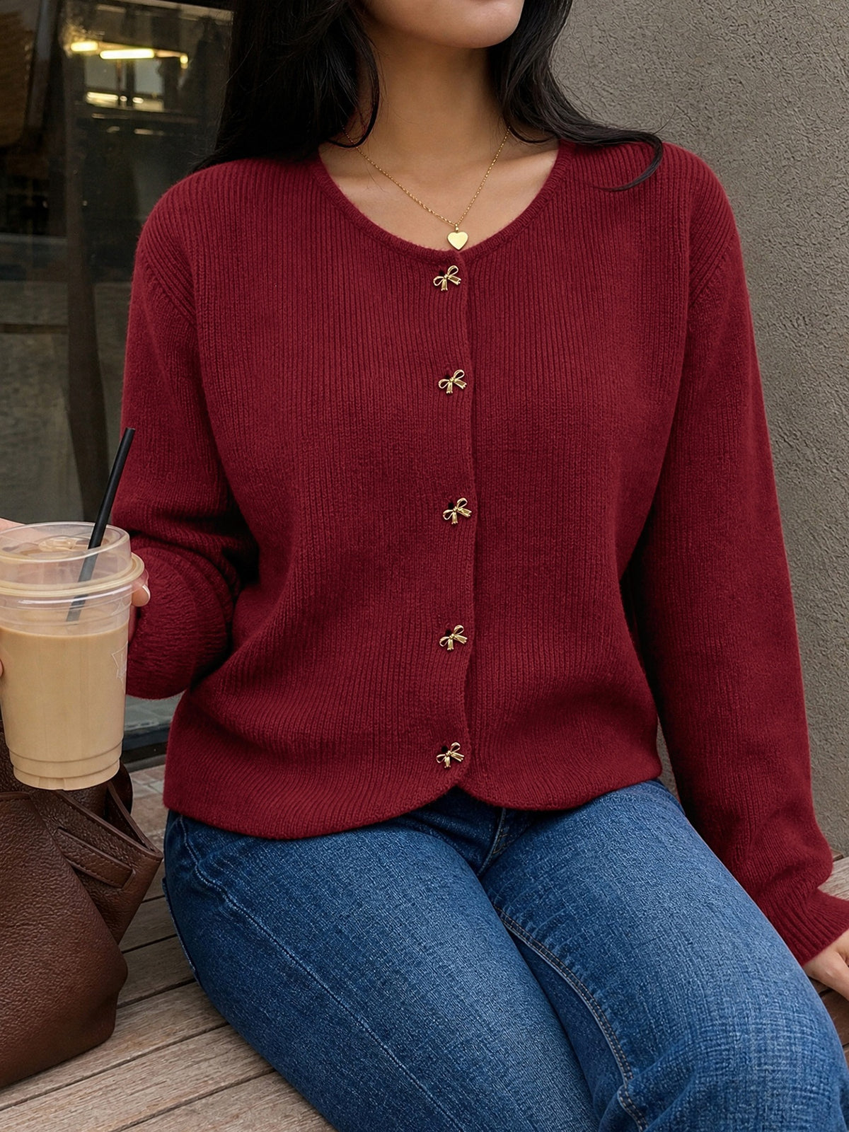 Gold Bow Button Crew Neck Soft Knit Cardigan