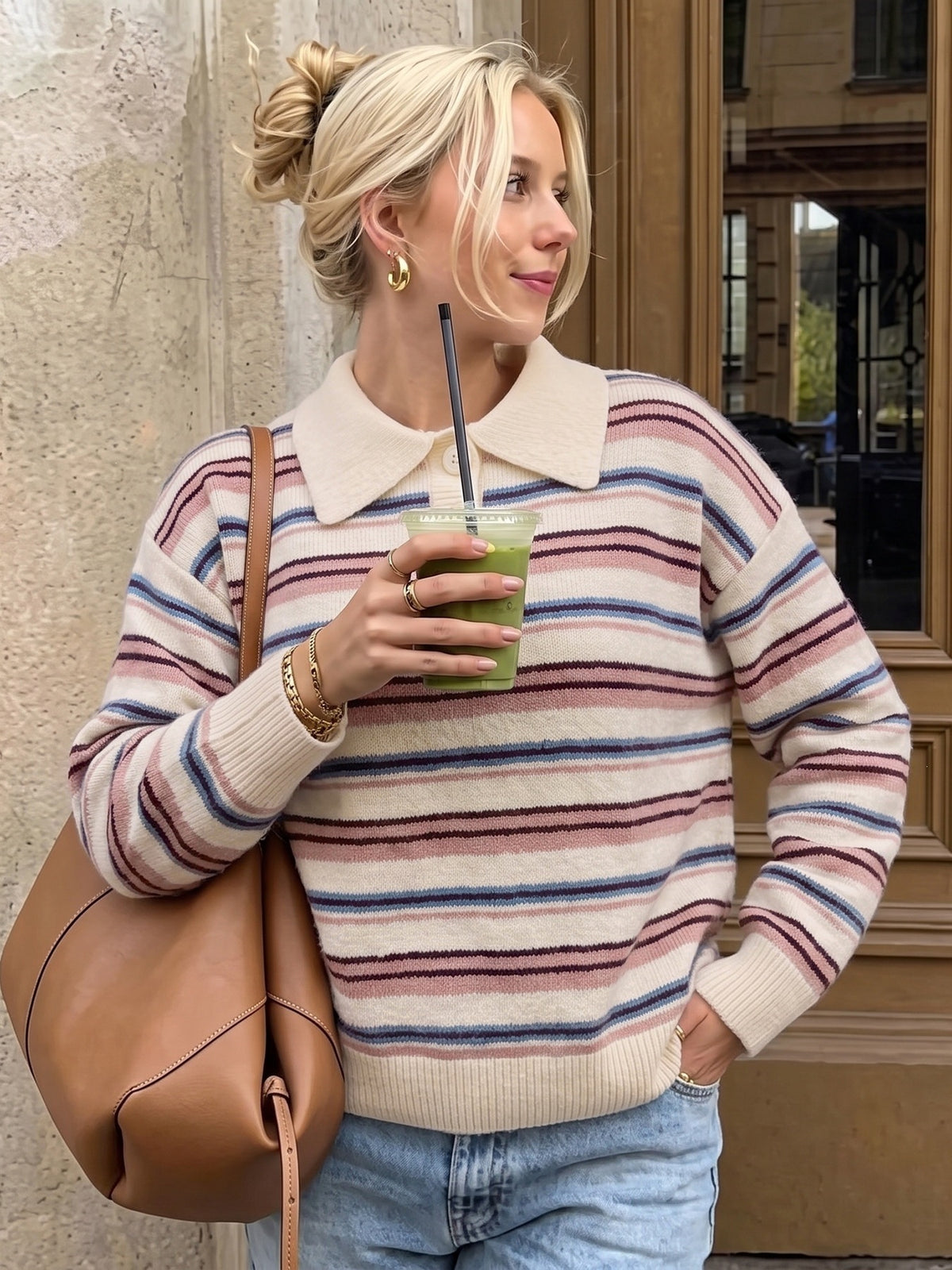 Button Polo Collar Striped Knit Jumper