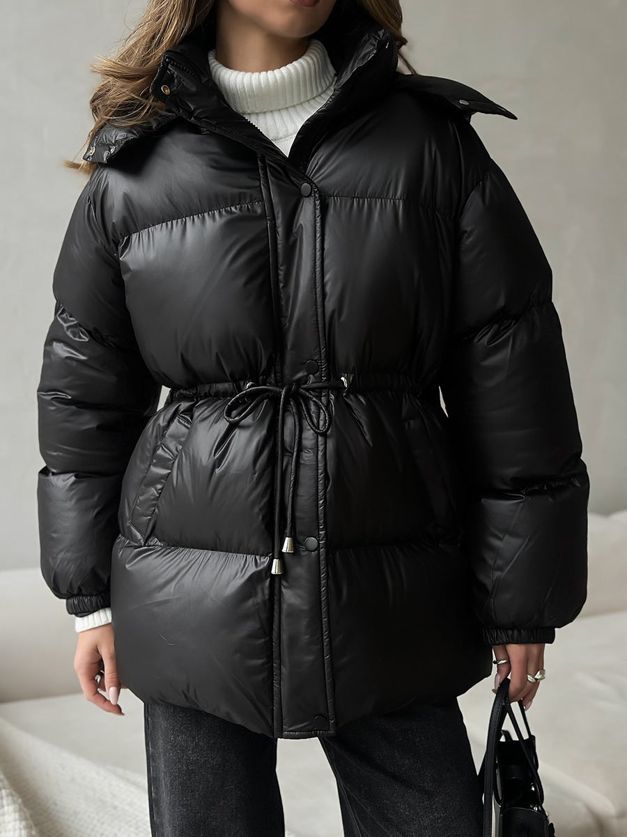 Drawstring Waist Hooded Zip Front Puffer Jacket