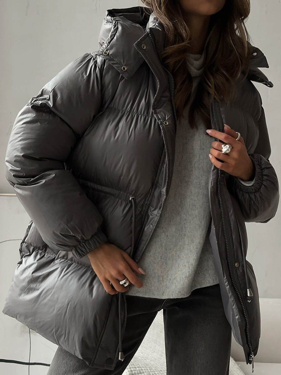 Drawstring Waist Hooded Zip Front Puffer Jacket