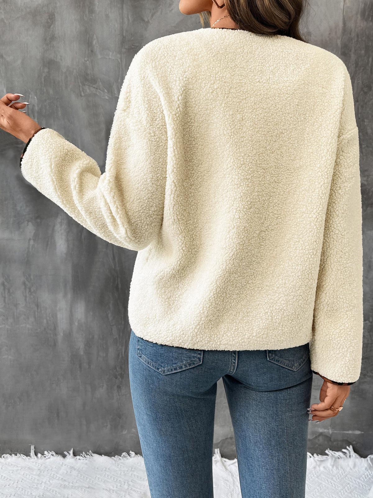Cream Teddy Fleece Jacket with Leopard Print Trim & Buttons