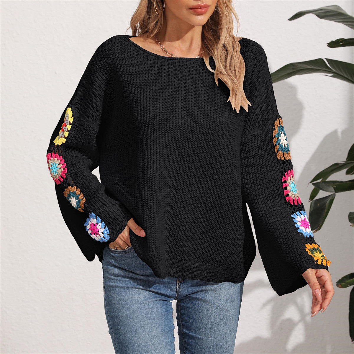 Women's Crochet Sleeve Jumper - black, front view