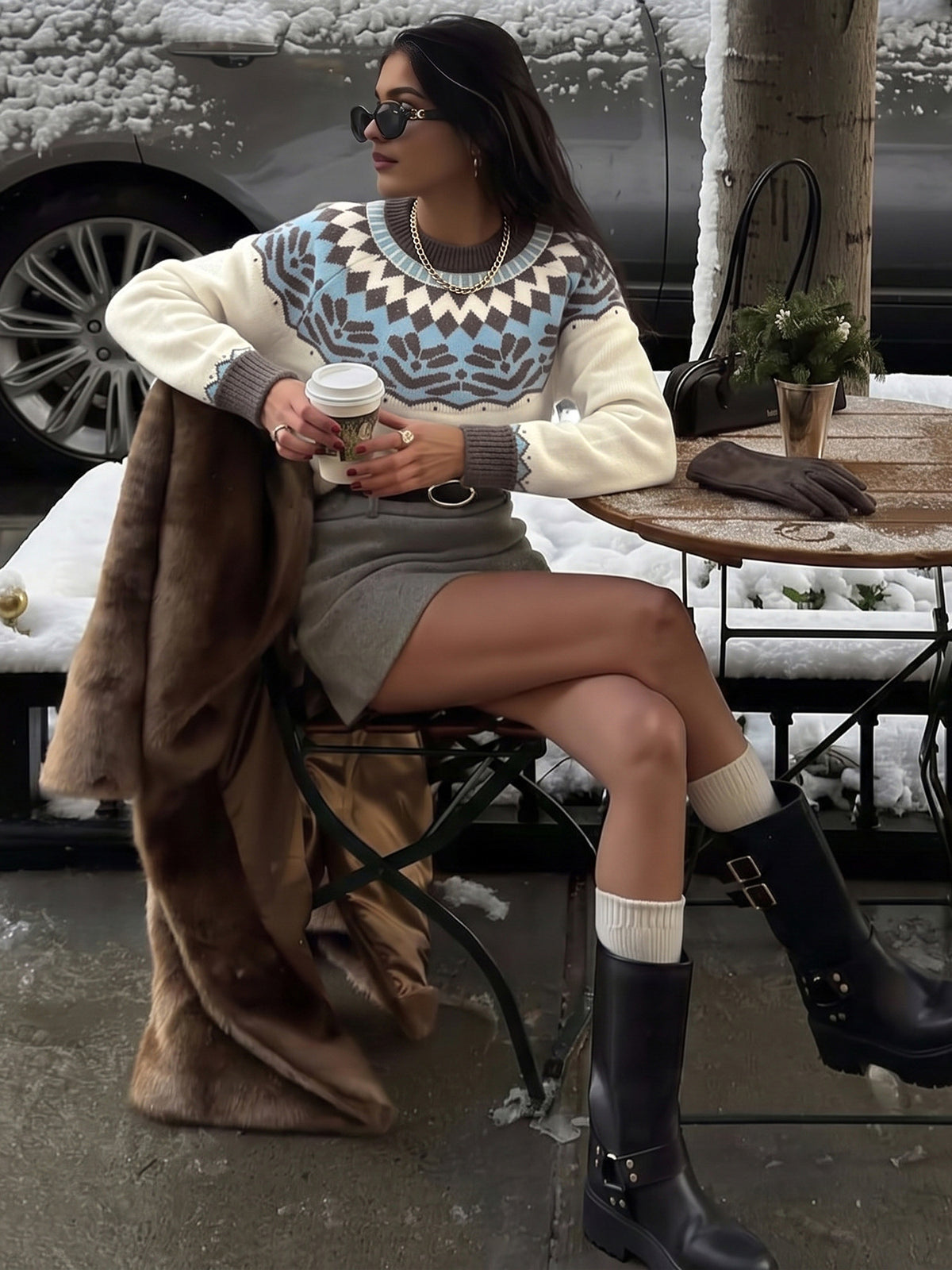 A woman sits outdoors on a chair at a snowy cafe table, wearing a cream and blue patterned knit sweater, a gray mini skirt, white socks, and black ankle boots, with a brown faux-fur coat draped over her arm.