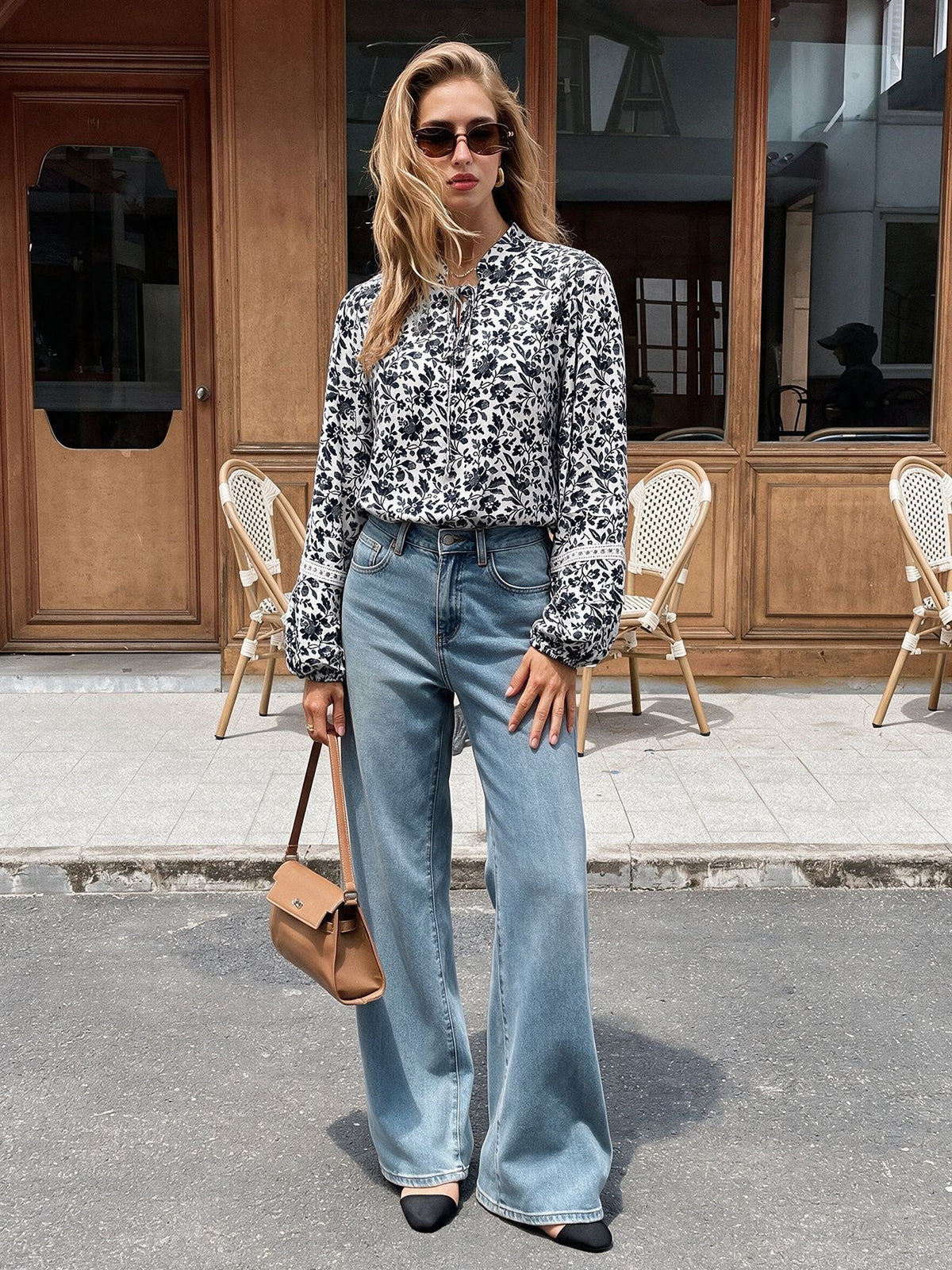 Lace Insert Balloon Sleeve Tie Neck Ditsy Floral Blouse