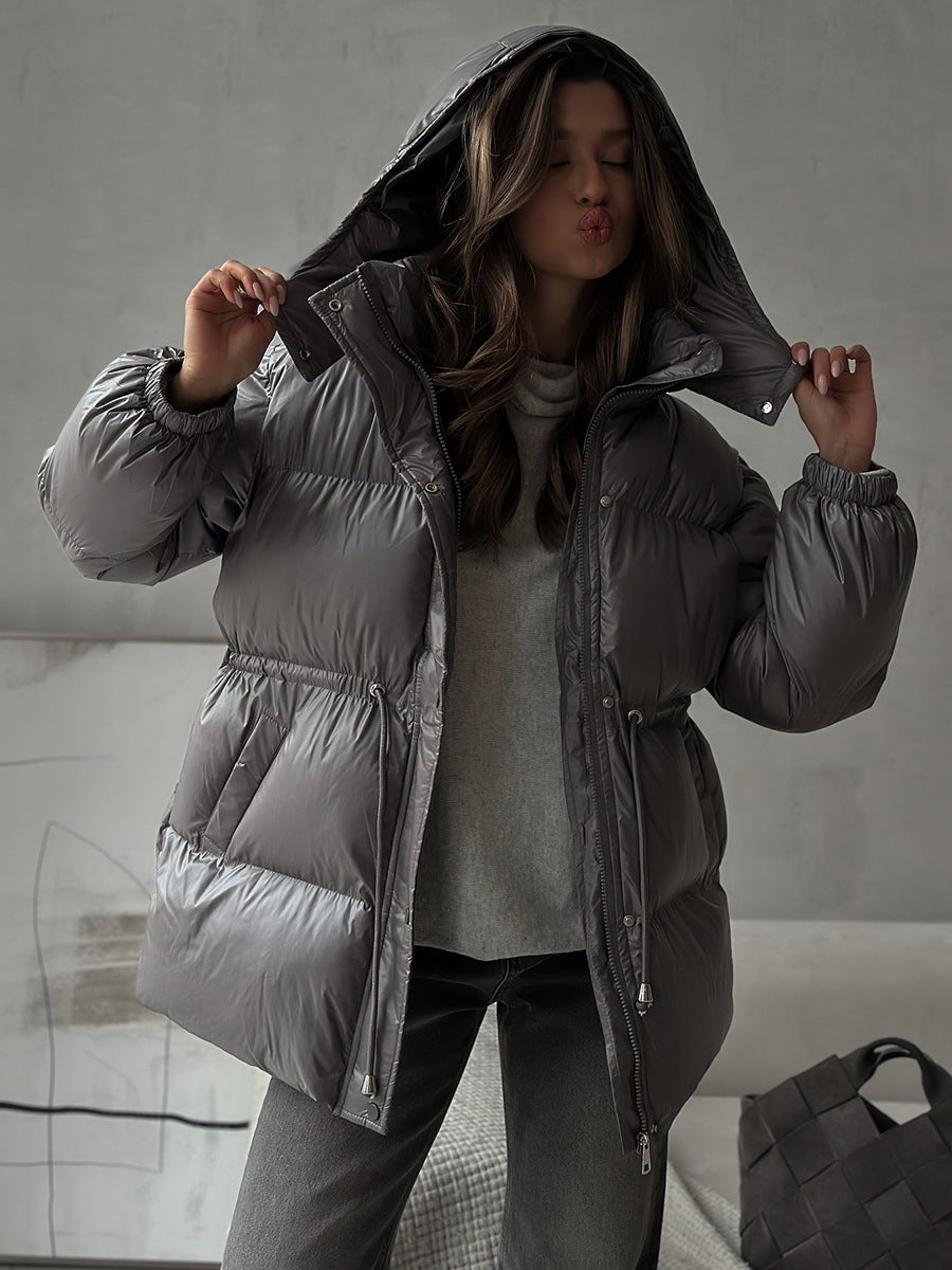 Drawstring Waist Hooded Zip Front Puffer Jacket