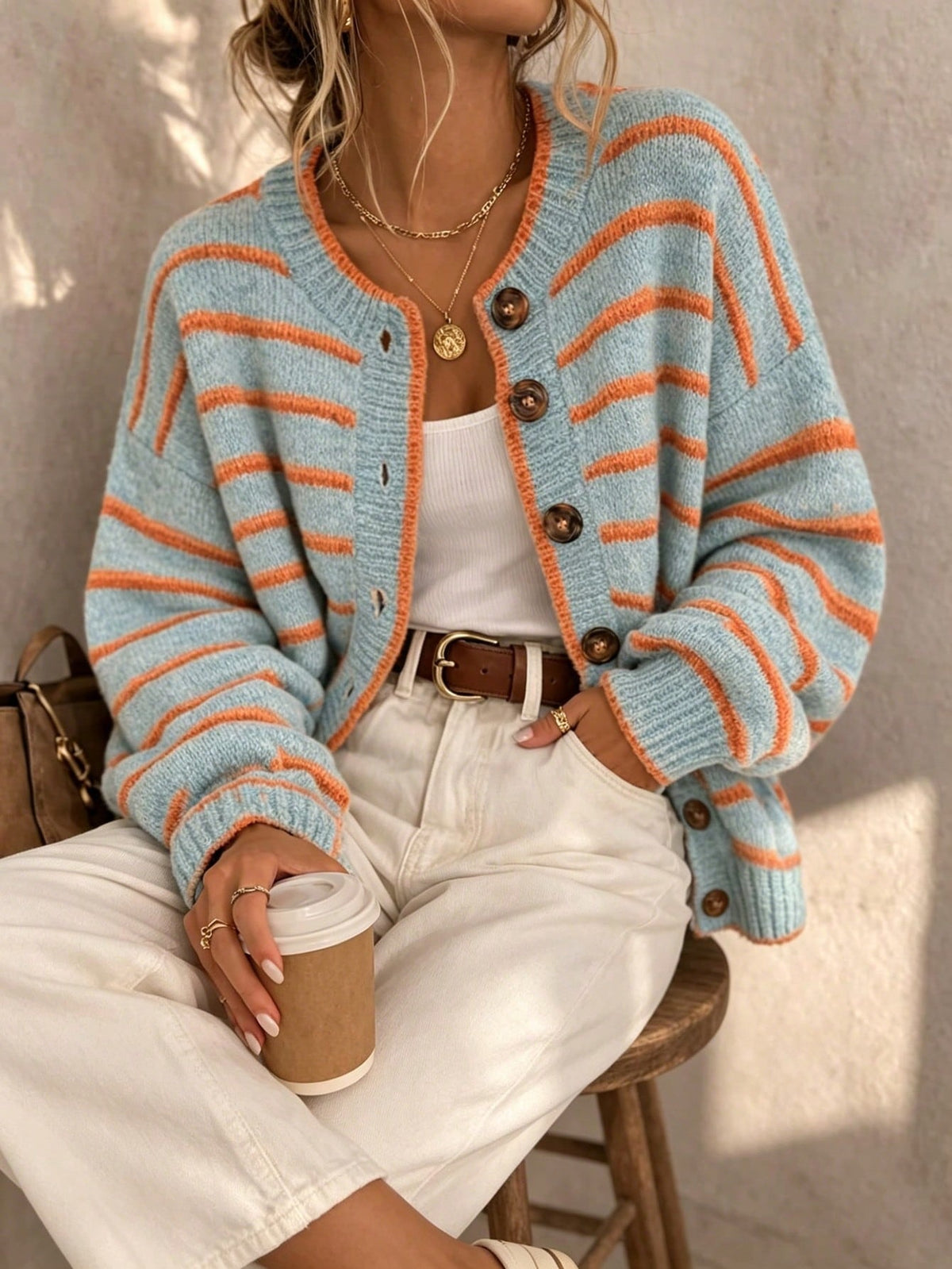 Orange Trim Powder Blue Striped Crew Neck Cardigan