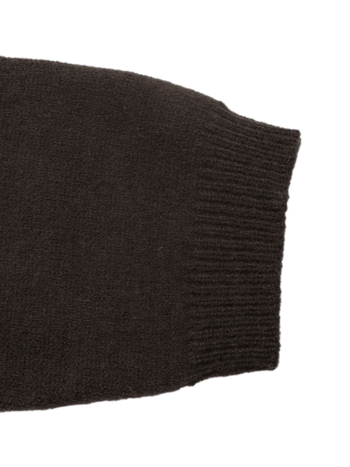 Close-up of a dark brown knit fabric sleeve with a ribbed cuff on a plain white background.