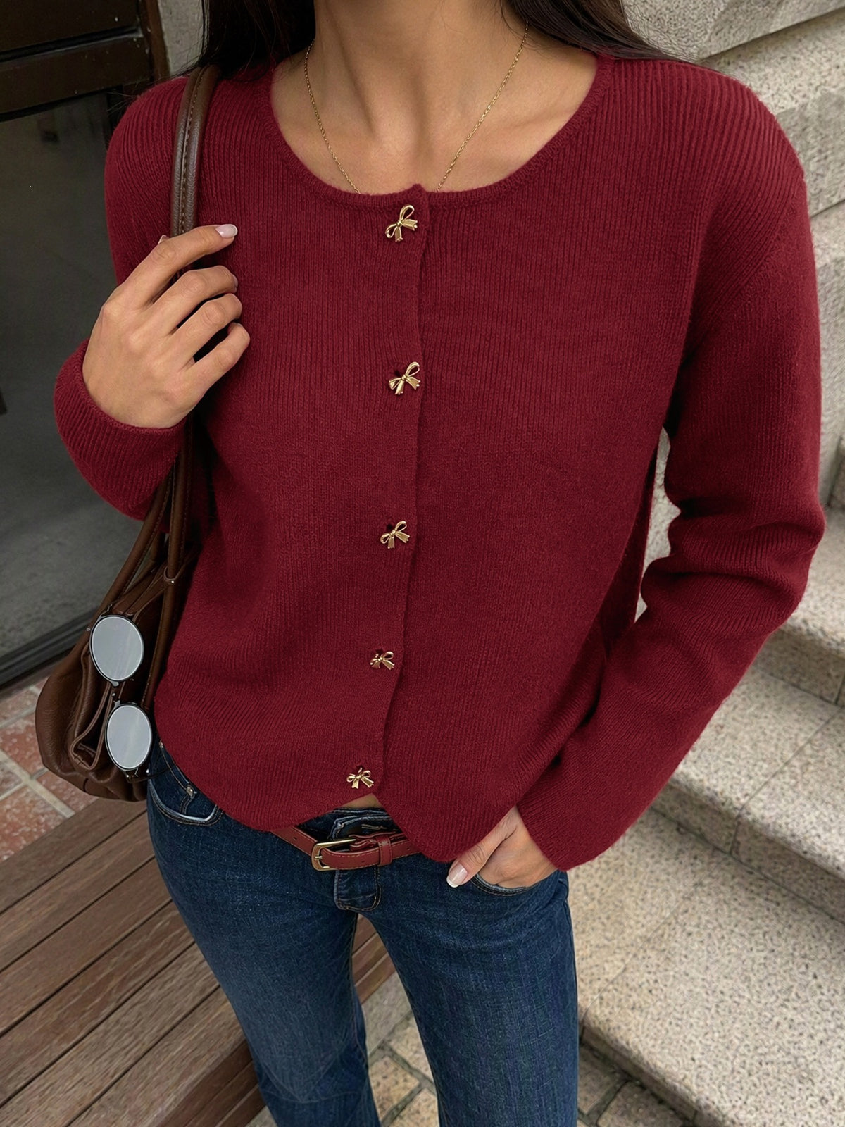 Gold Bow Button Crew Neck Soft Knit Cardigan