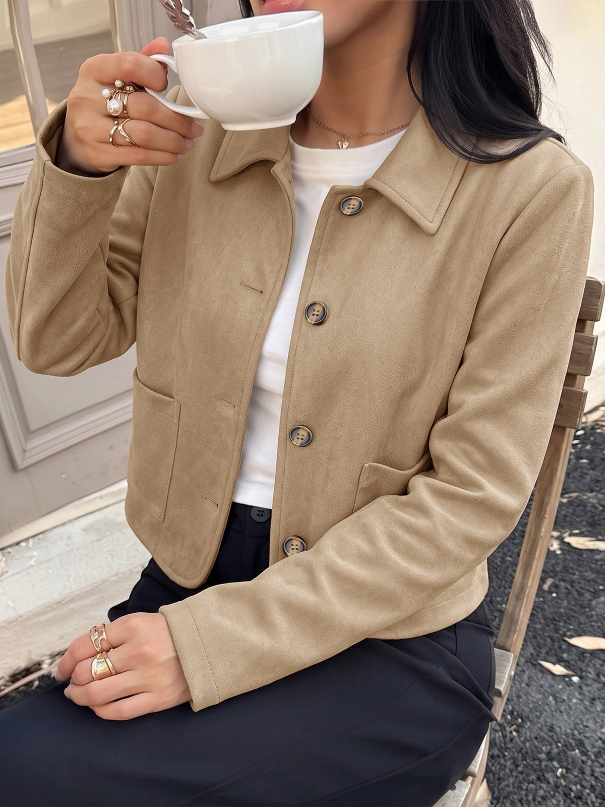 Collared Patch Pocket Button Suedette Jacket