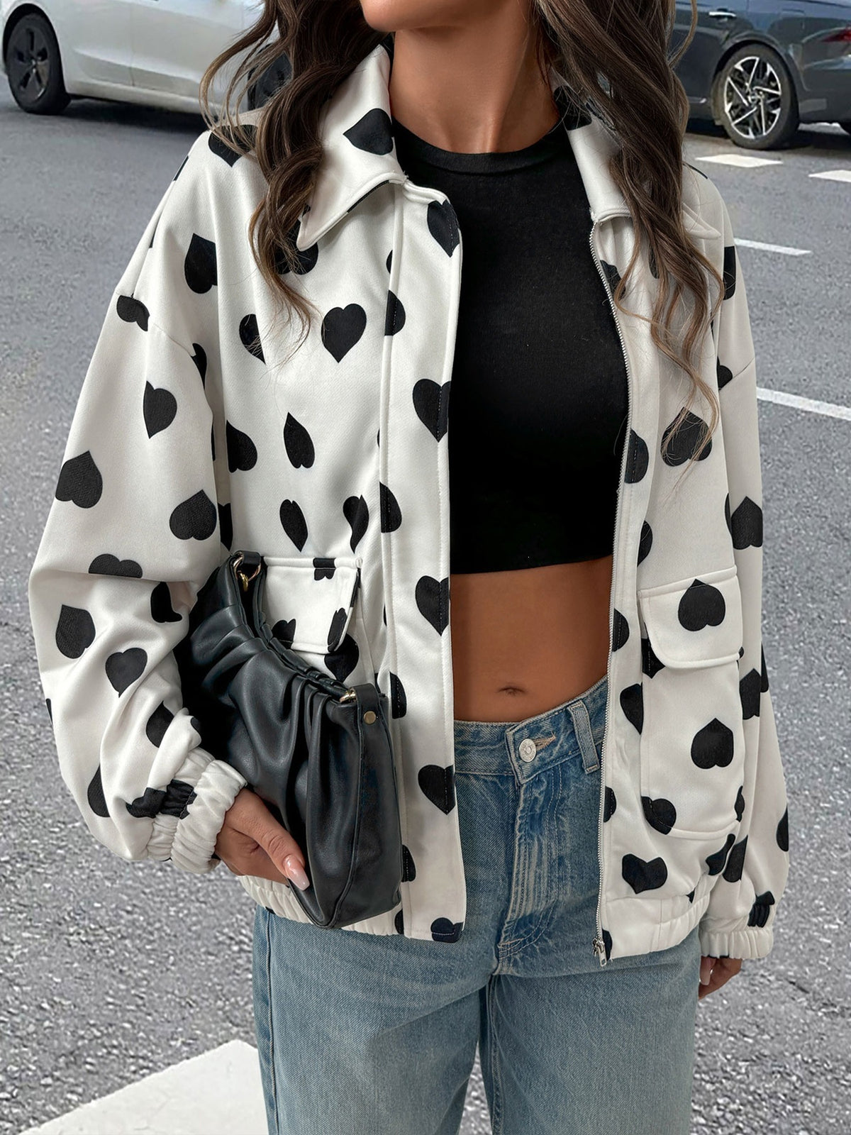 Collared Heart Print Zip Front Bomber Jacket