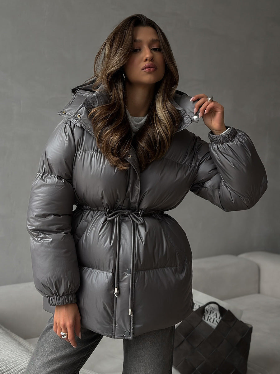 Drawstring Waist Hooded Zip Front Puffer Jacket